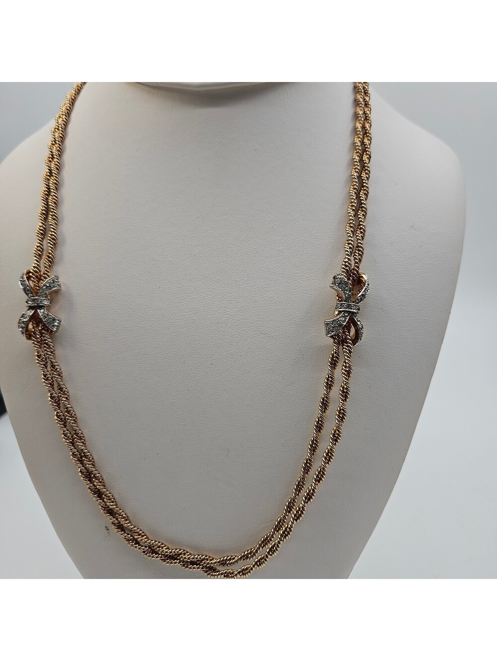 Vintage Double Rope Chain Necklace with Rhinestone Bow Accents Gold Tone 22"